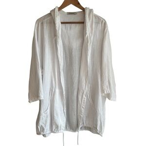 Zelante 100% Linen Open Front Jacket Sz 3X White Hooded Beachy Vacation Coastal